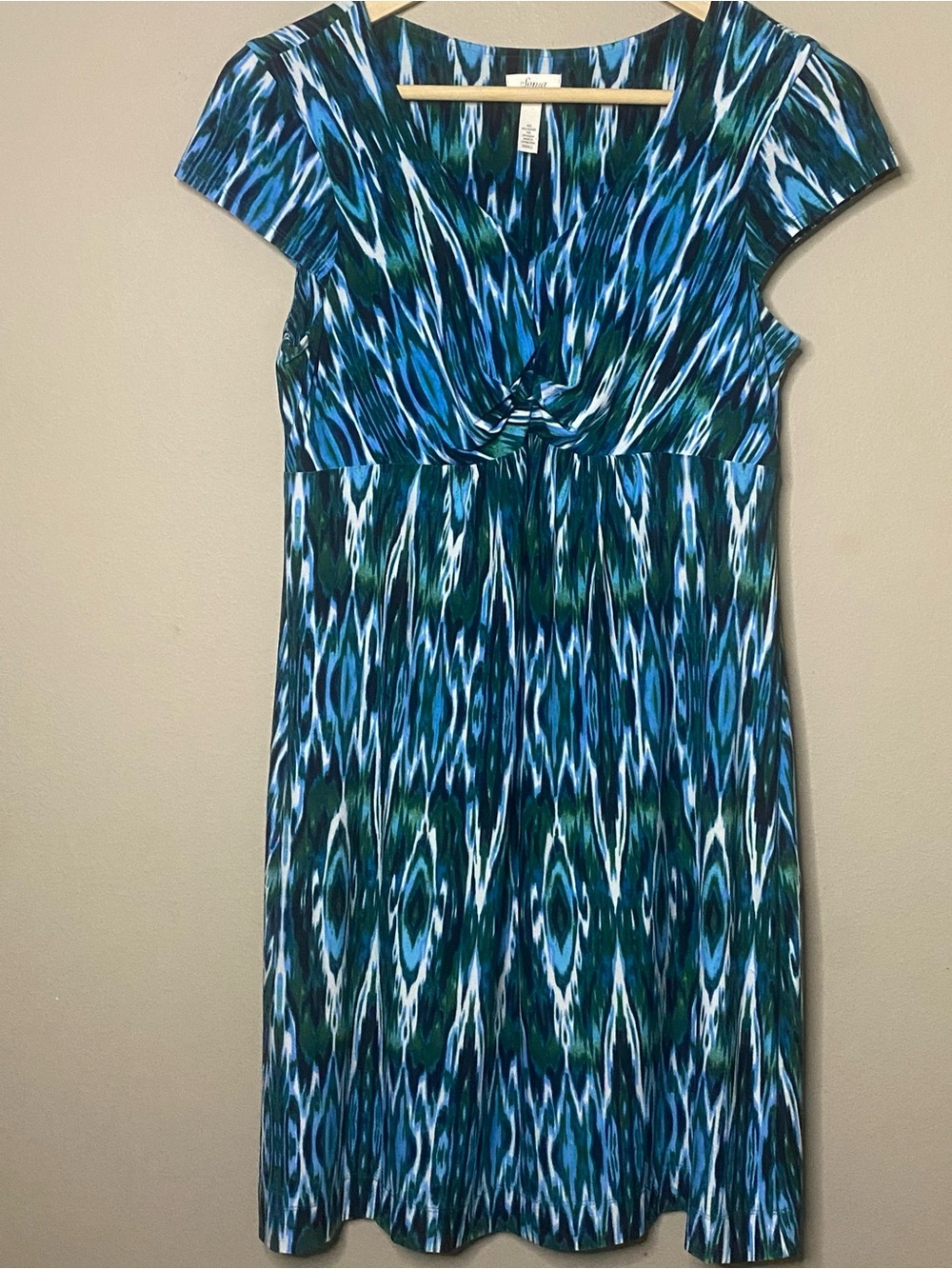 Soma Geometric Shirred Bodice Dress Small Blue Green V-Neck Jersey Knit